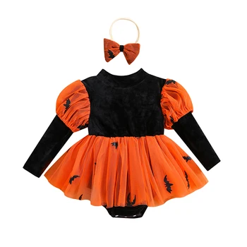 Осенняя одежда для новорожденных девочек на Хэллоуин, боди с длинными пышными рукавами и принтом, платье-повязка на голову, осенняя одежда