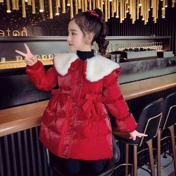 Хлопковая куртка для девочек, модная теплая хлопковая куртка с большим отворотом, зимняя детская пуховая куртка среднего и крупного размера