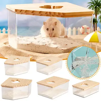 Домик для хомячка в ванной, песочница, дерево + пластик, прозрачный контейнер для мусора, Песочные хомячки, Пятиугольная клетка для ванной, домашнее животное T1e9