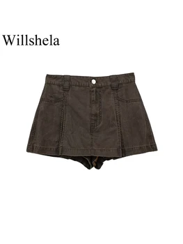 Willshela Женские модные коричневые мини-юбки на молнии спереди, шорты, винтажные женские шорты с высокой талией, Шикарные Женские шорты