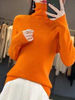 Женский свитер с высоким воротом из 100% шерсти, Винтажные однотонные Базовые вязаные топы, Повседневный тонкий пуловер, Корейская мода, Простые шикарные джемперы