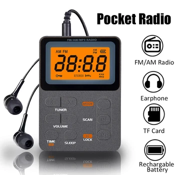 Мини-AM / FM-радио, портативный радиоприемник с цифровым ЖК-дисплеем, MP3-плеер с наушниками, универсальная поддержка Walkman, воспроизведение с карты памяти.